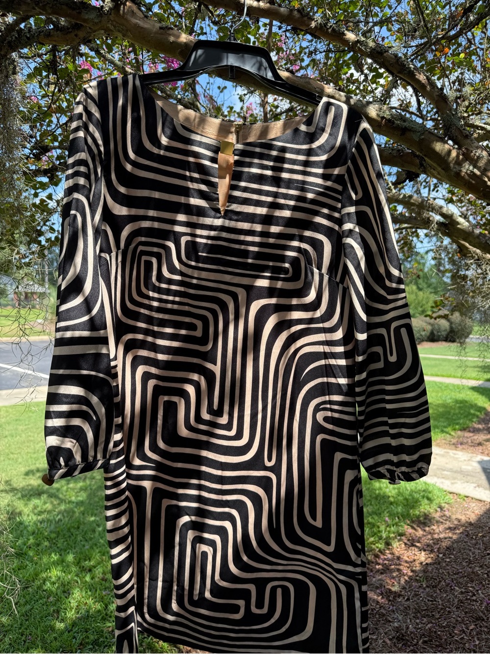 Tahari ASL Black and Cream Geometric Midi Dress